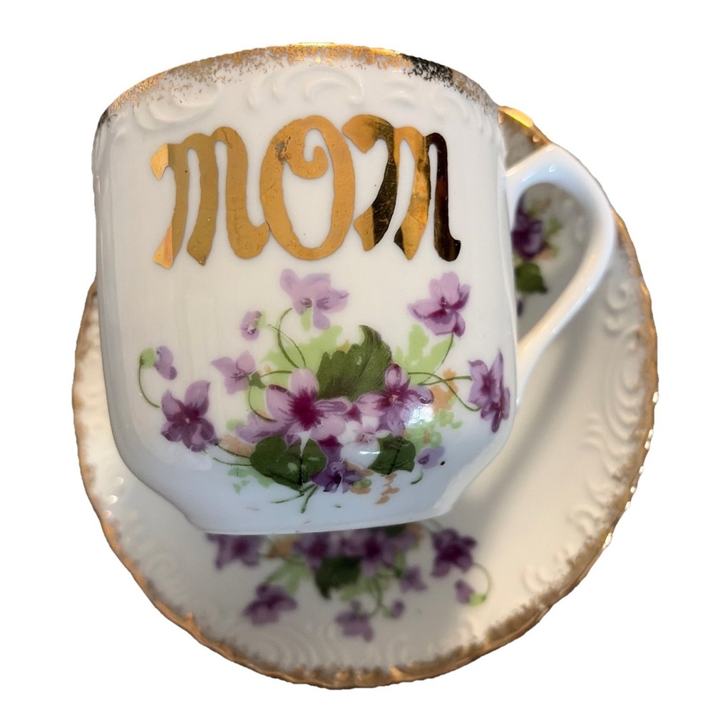 VTG Porcelain Lg Cup Saucer W/Purple Violets  Mom In Gold Perfect ForMother Day